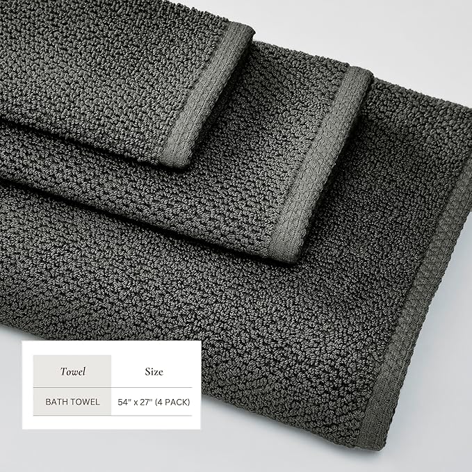 Great Bay Home Dark Grey Bath Towels - 100% Cotton 4 Pack 54x27 Bath Towel Set - Absorbent, Quick-Drying, Durable Towels for Bathroom Decor - Low-Twist, Two-Ply Fibers (Midnight)