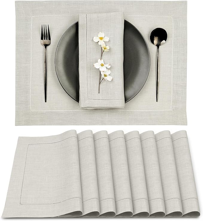 D'Moksha Homes Silver Grey Linen Cloth Placemats Set of 8-100% Pure Linen Hemstitch Placemats 14 x 19 Inch - Classic Hemstitch Table Place Mats for Christmas - Handcrafted and Machine Washable
