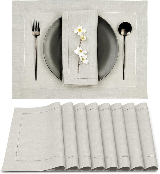 D'Moksha Homes Silver Grey Linen Cloth Placemats Set of 8-100% Pure Linen Hemstitch Placemats 14 x 19 Inch - Classic Hemstitch Table Place Mats for Christmas - Handcrafted and Machine Washable