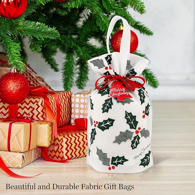 Fabric Gift Bags for Christmas Presents – Set of 6 Large Reusable Drawstring Bags with Festive Holly Design – Christmas Bags for Gifts – Perfect for Gift Wrap and Holiday Giving (Holly)