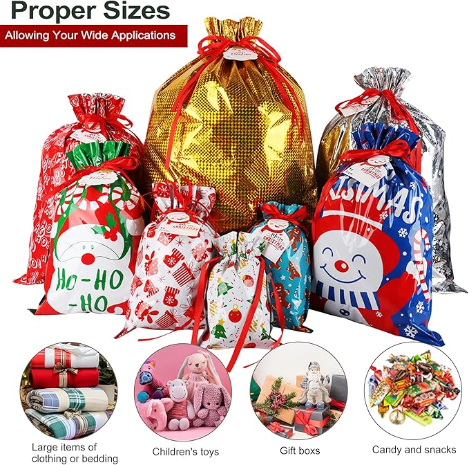 POPGIFTU 40-Pack Christmas Drawstring Gift Bags – 8 Festive Designs | Reusable Foil Holiday Wrapping Bags with Tags | Assorted XL/L/M/S Santa Xmas Gift Bags