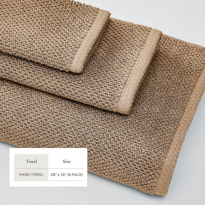 Great Bay Home Taupe Hand Towels - 100% Cotton 6 Pack 26x16 Hand Towel Set - Absorbent, Quick-Drying, Durable Towels for Handroom Decor - Low-Twist, Two-Ply Fibers (Mocha)