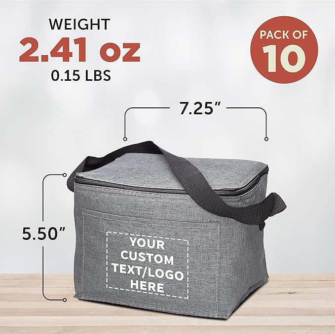 Custom Insulated Cooler Lunch Bag Set of 10, Personalized Bulk Pack - Perfect for Work, Travel, Outdoor Events - Grey