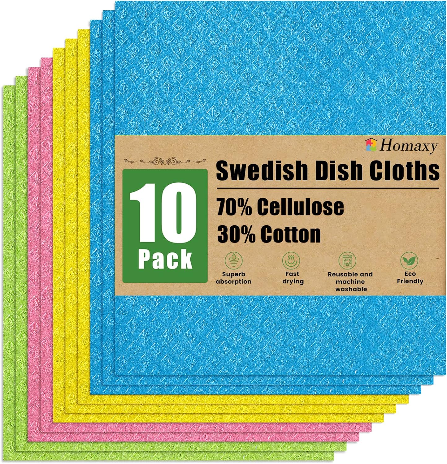 Homaxy Swedish Dishcloths for Kitchen, 10 Pack Reusable and Washable Cellulose Sponge Cloths Dish Towels, Absorbent and No Odor Paper Towels for Dishes ＆ Counters, Assorted