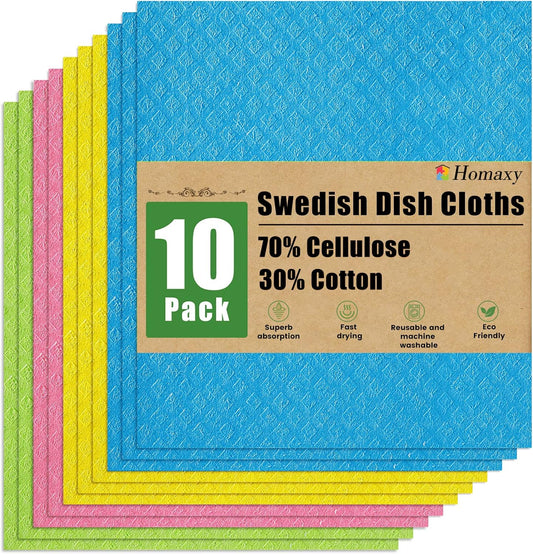 Homaxy Swedish Dishcloths for Kitchen, 10 Pack Reusable and Washable Cellulose Sponge Cloths Dish Towels, Absorbent and No Odor Paper Towels for Dishes ＆ Counters, Assorted