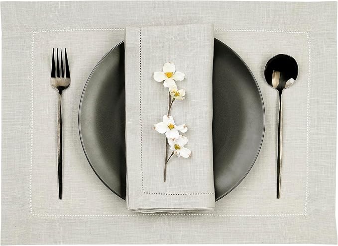 D'Moksha Homes Silver Grey Linen Cloth Placemats Set of 4-100% Pure Linen Hemstitch Placemats 14 x 19 Inch - Classic Hemstitch Table Place Mats for Christmas - Handcrafted and Machine Washable