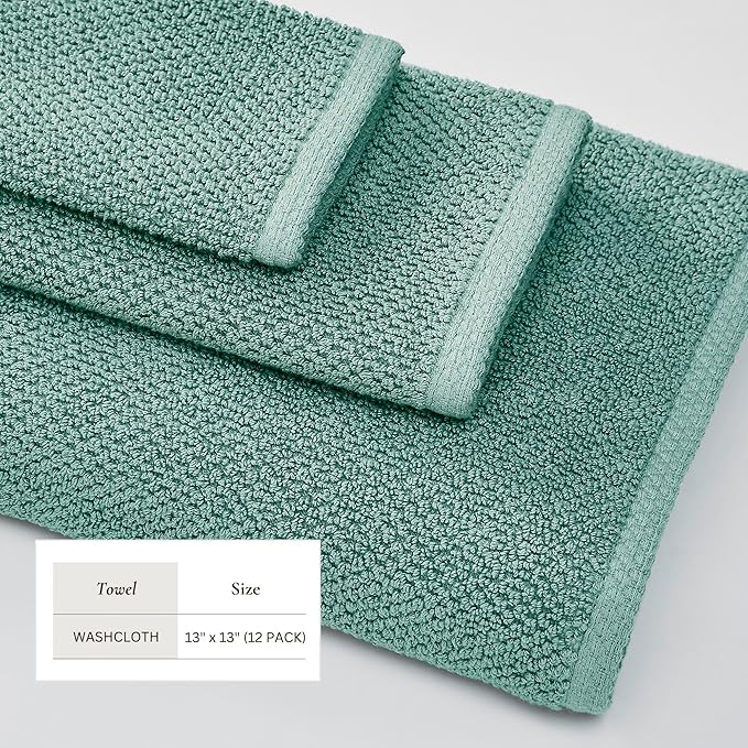Great Bay Home Blue Washcloth- 100% Cotton 12-Pack 13x13 Wash Cloth - Absorbent, Quick-Drying, Durable Face Towels for Bathroom Decor - Low-Twist, Two-Ply Fibers (Mineral Blue)