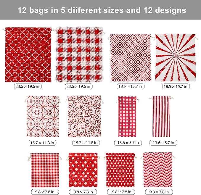 POPGIFTU 12 Pack Christmas Fabric Gift Bags with Drawstring — Reusable Red Canvas Holiday Gift Bags in Assorted Sizes with Gift Tags for Xmas Present Wrapping & Party Favors