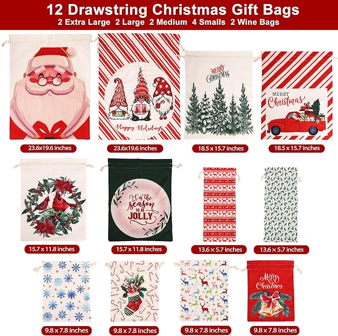 POPGIFTU 12 Pack Christmas Canvas Drawstring Gift Bags — Reusable Fabric Santa Sacks in Mixed Sizes with Kraft Tags for Holiday Present Packaging, Xmas Decorations & Party Favors