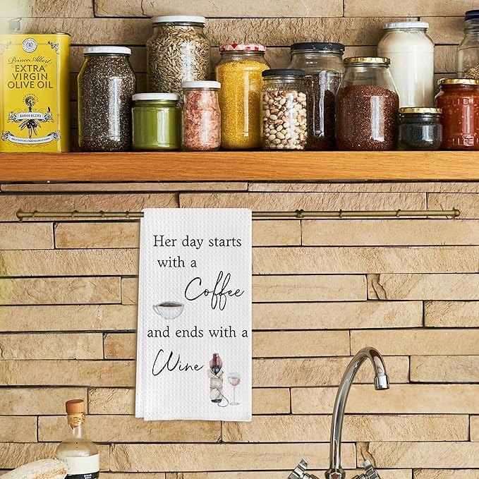 Coffee and Wine Kitchen Towels - Her Day Starts with a Coffee and Ends with a Wine, Funny Dish Towels with Saying, 16x24 Inches
