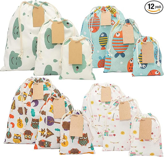 12 pcs Reusable gift bags. Bonus: 15 Gift tags & String. Multipurpose Gift wrap bags. Fabric gift bags. Gift bags assorted sizes for Holiday gifts, birthdays, parties. 12th Ed.
