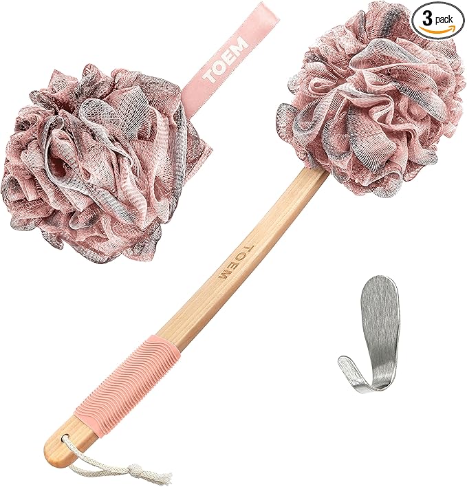Loofah Back Scrubber for Shower | Bamboo Charcoal Fiber Infused | Loufas for Men & Women | Includes 1 Long Handled Shower Sponge, 1 Bath & Shower Luffa Pouf & 1 Hook to Hang Stuff (Rose Pink)
