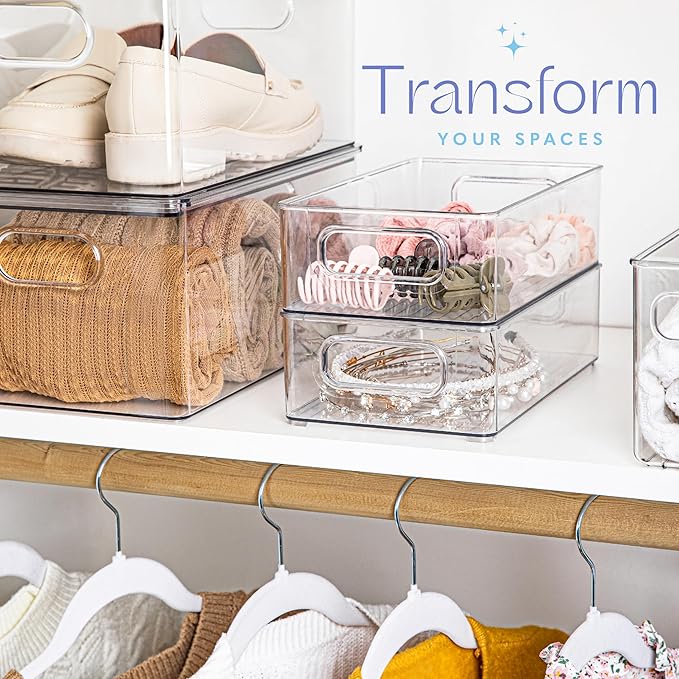 primebox Plastic Food Storage Clear Container Bin with Handles for Organizing Kitchen, Pantry, Refrigerator, Freezer, Pantry, Cabinet, Closet, Bathroom. Stackable 10”x6”x3”