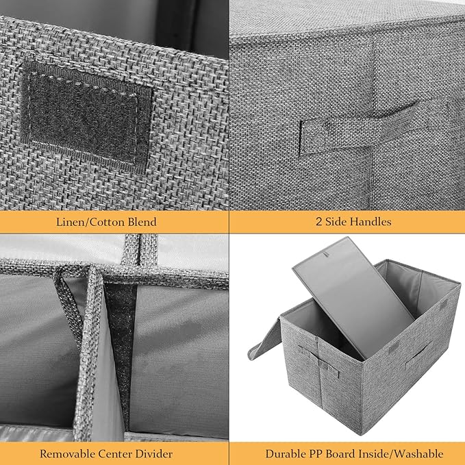 2 Pack Storage Boxes with Lids and Handles, Collapsible Linen Storage Bins Organizer Containers Baskets Cube with Removable Divider for Home Bedroom Closet Office (Grey, Small)