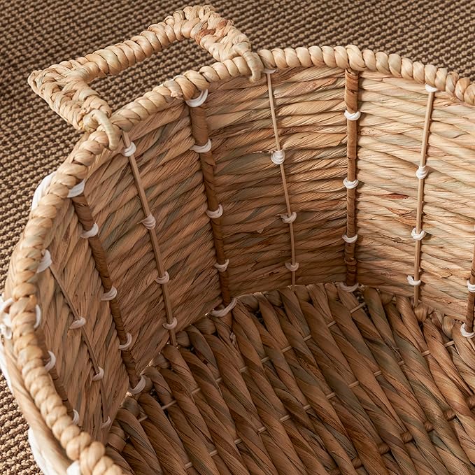 Round Water Hyacinth Woven Basket with Handles - 18" x 18" x 12.2" - Natural Brown - for Clothes, Towels, Canvas, Toys and Magazine Storage and Home Decoration