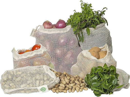 Reusable Mesh Vegetable Bags of 100% Organic Cotton - 6 Pieces Perfect Net Produce Bags - Eco-friendly, Bio-degradable & Washable Fruit, Vegetable & Produce Bags (3 Medium, 3 Small)