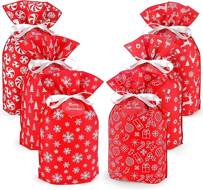 Fabric Gift Bags for Christmas Presents - 6 Pcs Holiday Bags with Drawstring, Large Christmas Gift Bags for Presents, Gift Wrap Reusable Bags for Gifts (Red Designs)