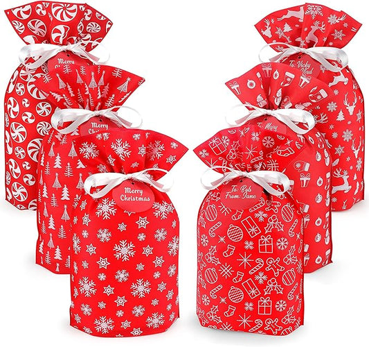 Fabric Gift Bags for Christmas Presents - 6 Pcs Holiday Bags with Drawstring, Large Christmas Gift Bags for Presents, Gift Wrap Reusable Bags for Gifts (Red Designs)