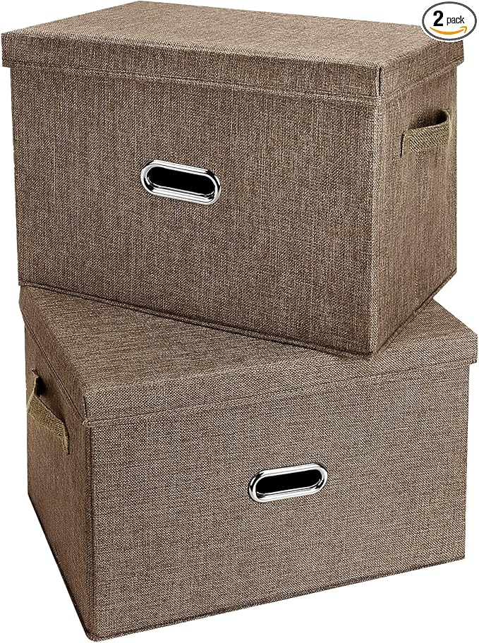 Large Linen Fabric Foldable Storage Bins with Removable Lid and Handles, Washable Storage Box Organizer Containers Baskets Cube with Cover for Bedroom,Office (Coffee, Extra Large(2-Pack))
