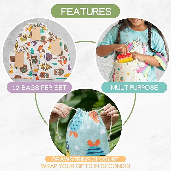 12 pcs Reusable gift bags. Bonus: 15 Gift tags & String. Multipurpose Gift wrap bags. Fabric gift bags. Gift bags assorted sizes for Holiday gifts, birthdays, parties. 12th Ed.