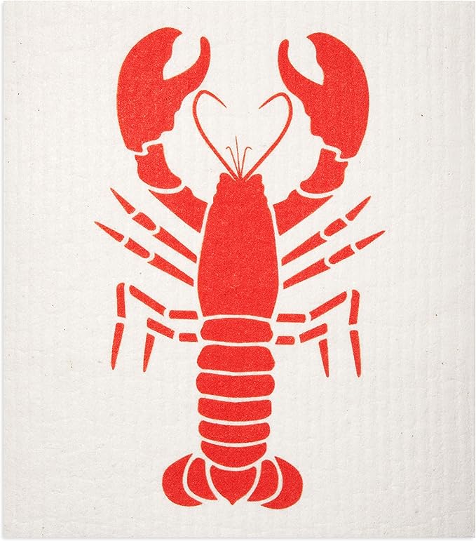 Swedish Dishcloths 2 Pack Red Lobster Print Reusable Sponges Kitchen Cleaning Cloth Dish Scrubber, Machine Washable, Measures 7.87”x6.88 inches.