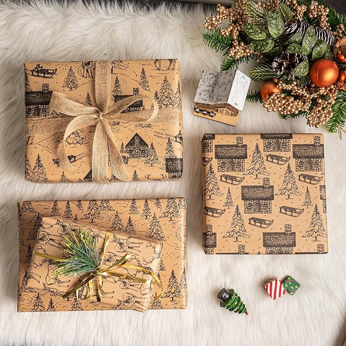 RUSPEPA Christmas Wrapping Paper - Black Sketch Design - 4 Rolls - 30 Inches x 10 Feet Per Roll
