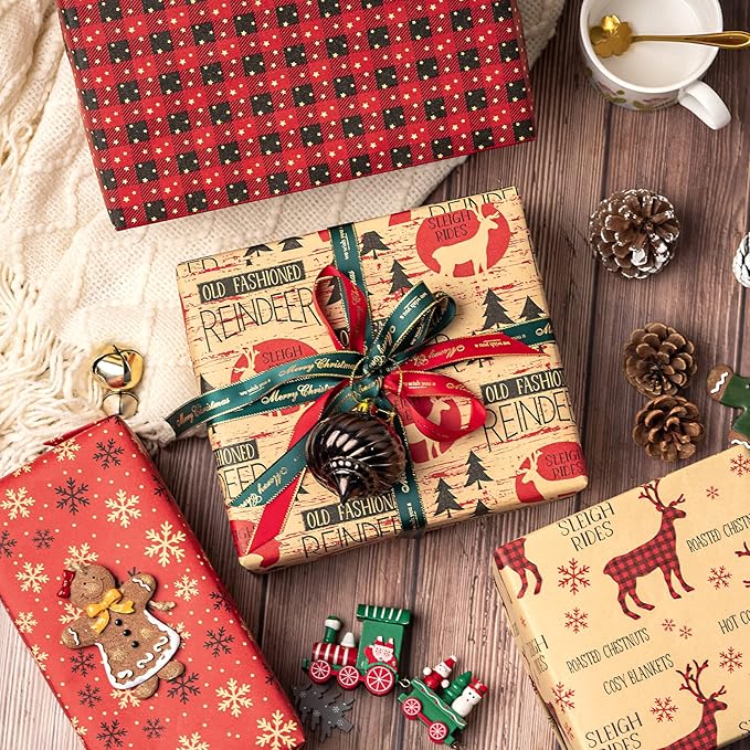 RUSPEPA Christmas Wrapping Paper, Kraft Paper - Red and Black Christmas Designs - 4 Rolls - 30 inches x 10 feet per Roll