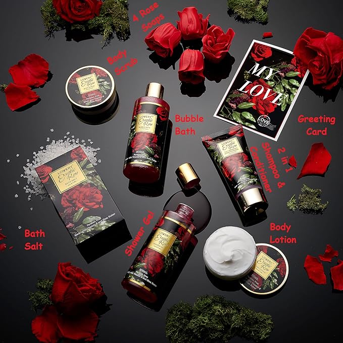 Christmas Gifts from Daughter and Son, Spa Bath and Body Gift Set, Exotic Rose Gift Basket for Women & Men, Thank You, Birthday, Mom, Personalized Gifts with Body Scrub, Bubble Bath, Lotion & More