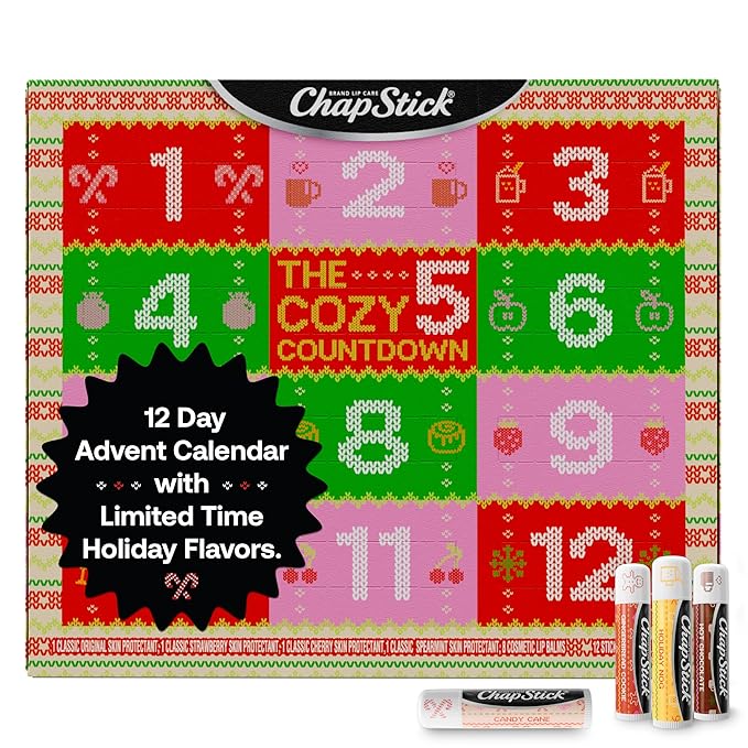 ChapStick Advent Calendar 2025 – Cozy Countdown to Christmas, Variety 12-Pack Lip Balm Gift Set, Holiday Gifts for Women, Men, Teens, Coworkers, Grandpa & Grandma Gifts, 0.15 Oz Ea