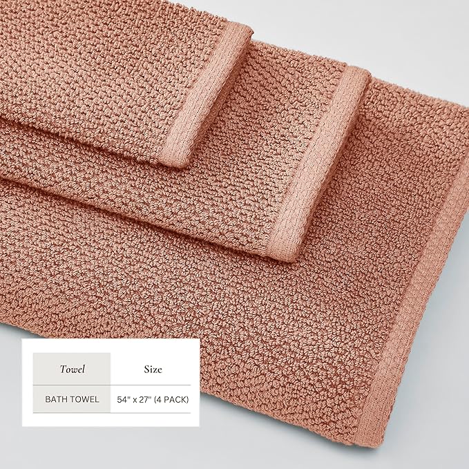Great Bay Home Pink Bath Towels - 100% Cotton 4 Pack 54x27 Bath Towel Set - Absorbent, Quick-Drying, Durable Towels for Bathroom Decor - Low-Twist, Two-Ply Fibers (Dusty Rose)