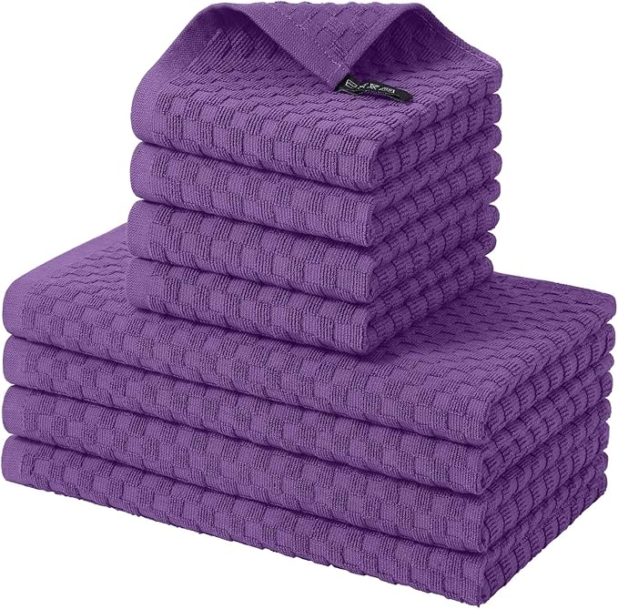 Fintale 100% Cotton Kitchen Towels and Dishcloths Set, 12 x 12 & 15 x 25 Inches, Set of 8 Bulk Super Soft and Absorbent Terry Cloth Dish Towels, Quick Drying Hand Towels with Hanging Loop, Purple