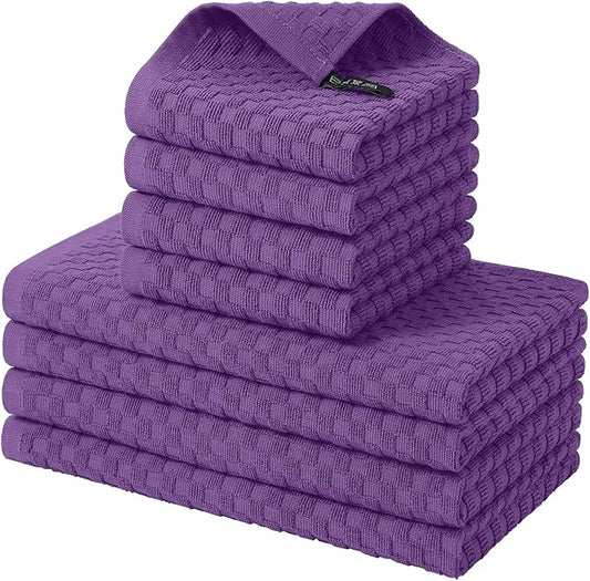 Fintale 100% Cotton Kitchen Towels and Dishcloths Set, 12 x 12 & 15 x 25 Inches, Set of 8 Bulk Super Soft and Absorbent Terry Cloth Dish Towels, Quick Drying Hand Towels with Hanging Loop, Purple