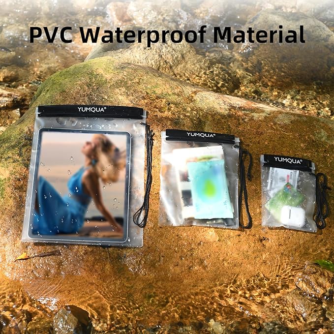 YUMQUA Clear Waterproof Bags, 3PACK Water Tight Cases Water Proof Pouch Small Dry Bags for Camera Mobile Phone Maps Pouch Kayak Military Boating Document Holder