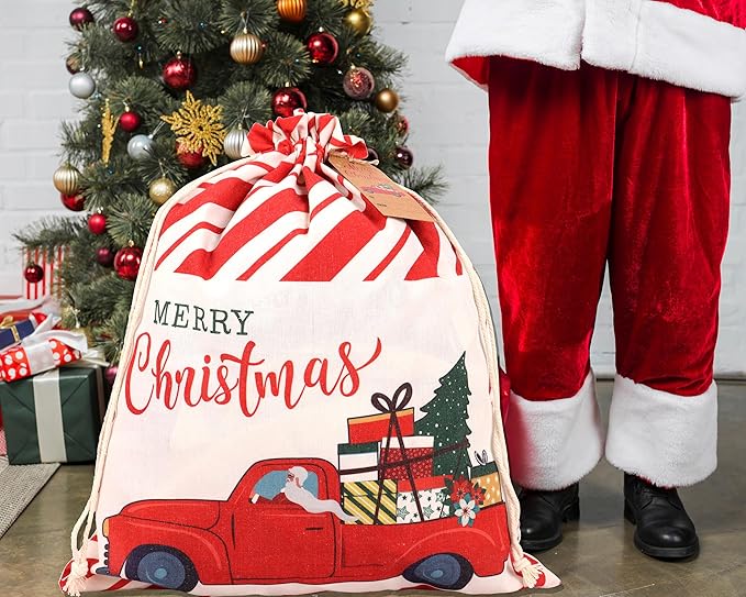 POPGIFTU 12 Pack Christmas Canvas Drawstring Gift Bags — Reusable Fabric Santa Sacks in Mixed Sizes with Kraft Tags for Holiday Present Packaging, Xmas Decorations & Party Favors