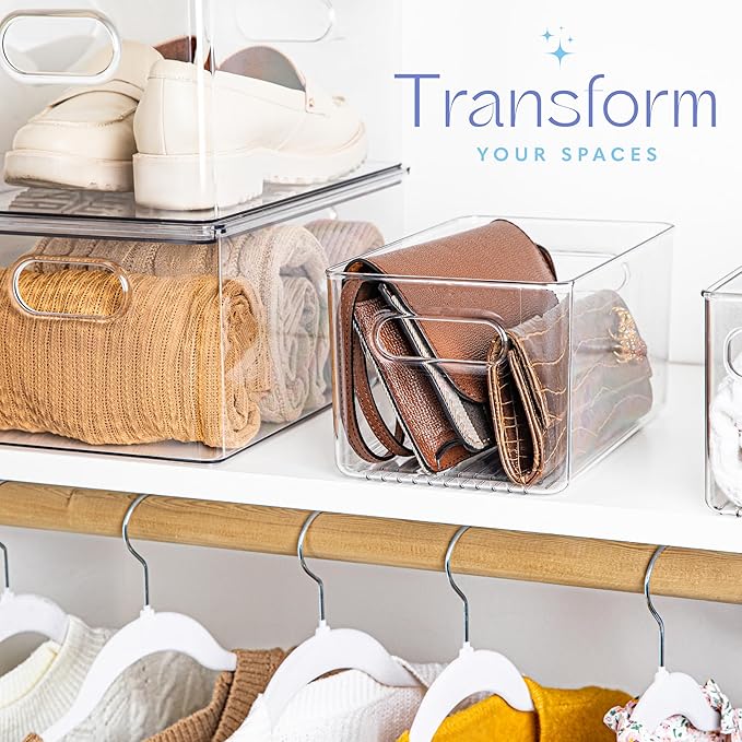 primebox Plastic Food Storage 4 Pack Clear Container Bin with Handles for Organizing Kitchen, Pantry, Fridge, Freezer, Pantry,Bathroom. 10"x6"x5"