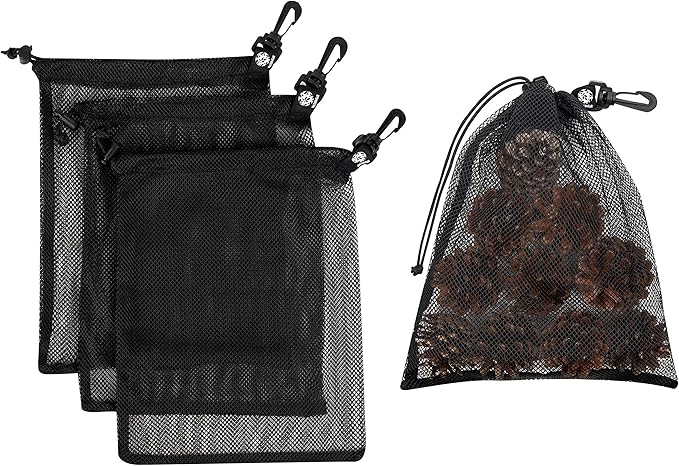 PALTERWEAR Mesh Drawstring Bag With Clip and Toggle Closure - For Scuba, Scalloping, Camping - Multi-Use Set of 4 (Black, 9 x 12 inch)