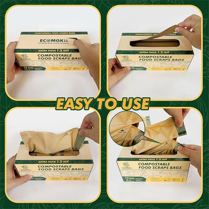 EcoMokii Compostable Trash Bags with Drawstring 13 Gallon, 60 Count, 49.2 Liter, 1.2 Mil Heavy Duty Extra Thick for Tall Kitchen Garbage Can, Compost Food Waste Bag, BPI (ASTM D6400)