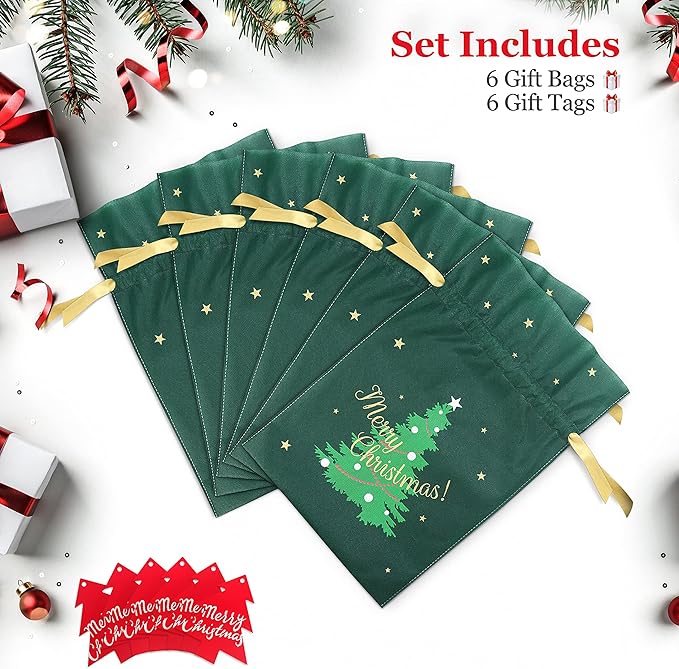 Fabric Gift Bags for Christmas Presents - 6 Pcs Christmas Gift Bags with Drawstring, Large Reusable Drawstring Bags for Gifts (Green Tree)