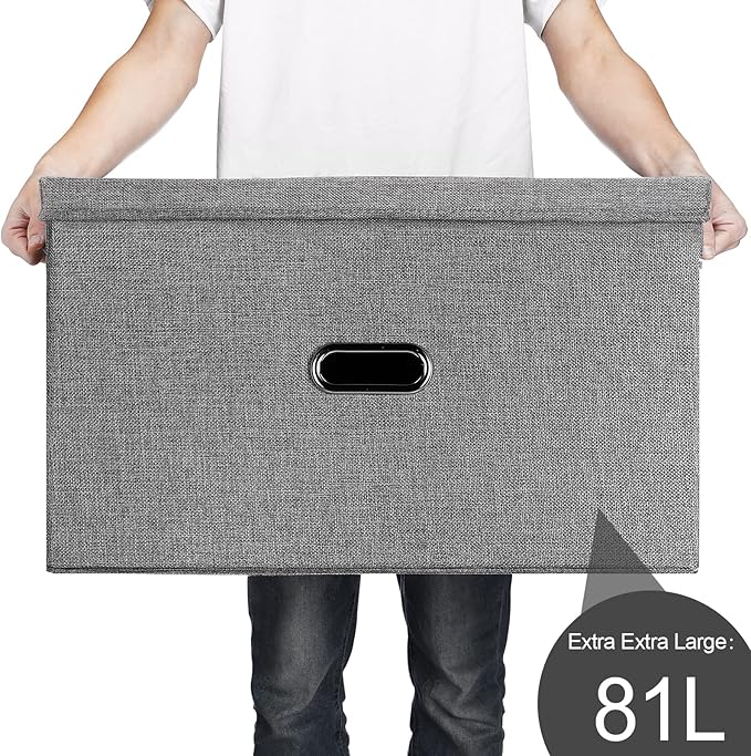 Large Linen Fabric Foldable Storage Bins with Removable Lid and Handles, Washable Storage Box Organizer Containers Baskets Cube with Cover for Bedroom,Closet,Nursery (Grey, XXL(2-Pack))