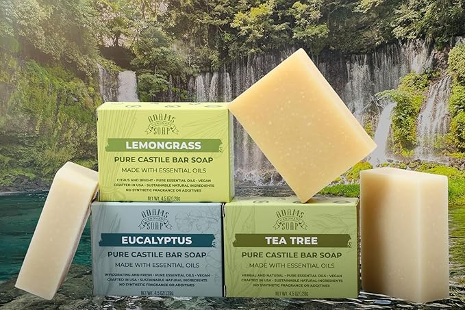 Adams Handmade Soap Variety Pack – 6 Bar Set: Tea Tree, Lavender, Eucalyptus, Patchouli, Peppermint, Lemongrass | Vegan, Cold Process, 84% Organic, USA Made