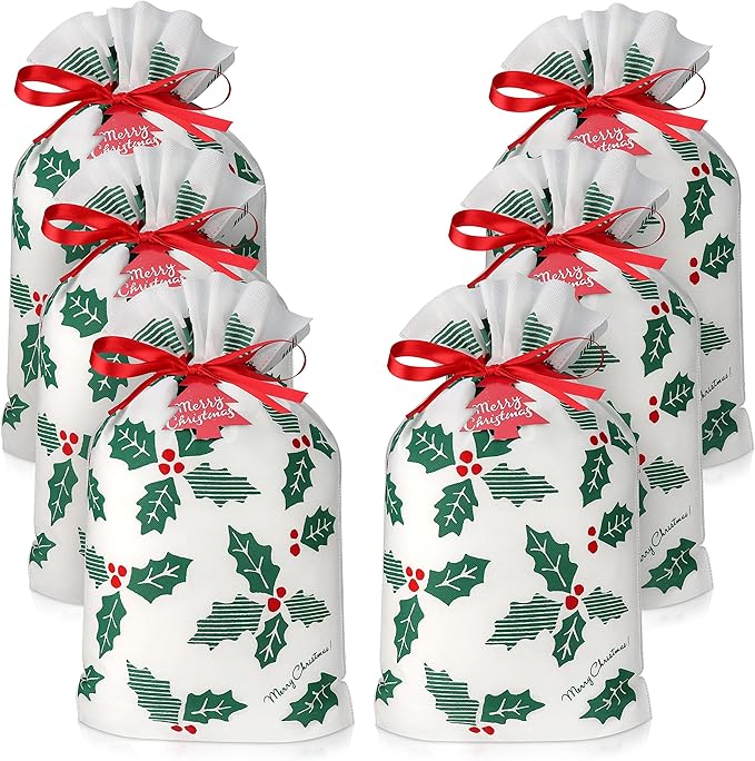 Fabric Gift Bags for Christmas Presents - Set of 6 Christmas Bags with Drawstring, Large Gift Bags for Presents, Xmas Gift Wrap, Reusable Drawstring Bags for Gifts (Holly Large)