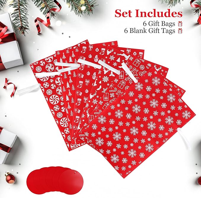 Fabric Gift Bags for Christmas Presents - 6 Pcs Holiday Bags with Drawstring, Large Christmas Gift Bags for Presents, Gift Wrap Reusable Bags for Gifts (Red Designs)