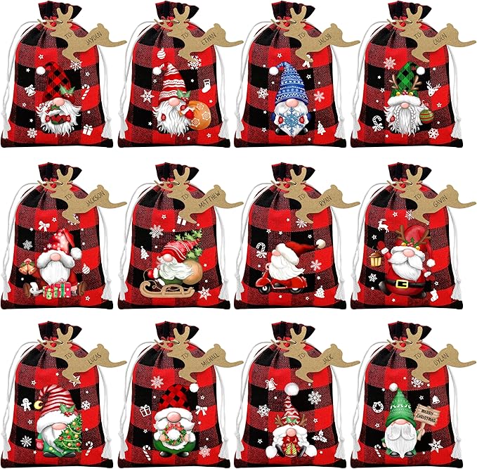 BORAMDO Christmas Burlap Gift Bags with Drawstrings 24Pcs, Buffalo Plaid Watercolor 12 Designs Christmas Gnomes Linen Wrapping Bags, Small Christmas Treat Candy Bags for Holiday Party Favor Supplies