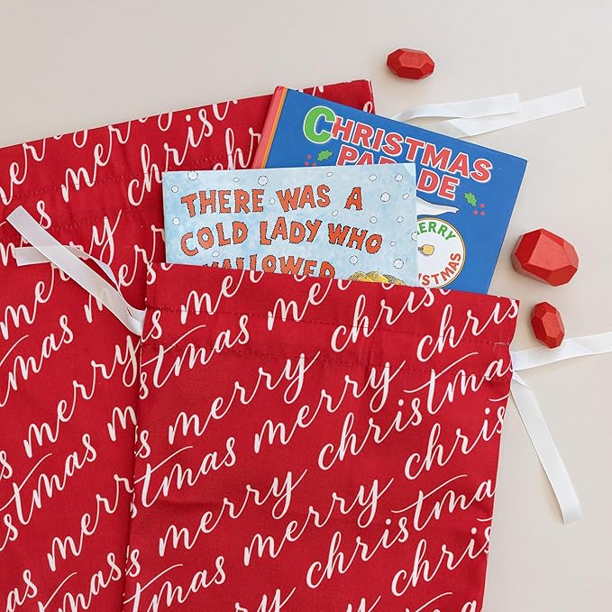 Gather & Knot Drawstring Christmas Gift Bags | 20" Large 16" Medium | Premium Canvas | Reusable Fabric Wrap for Holidays | Mix & Match | Red Merry Christmas