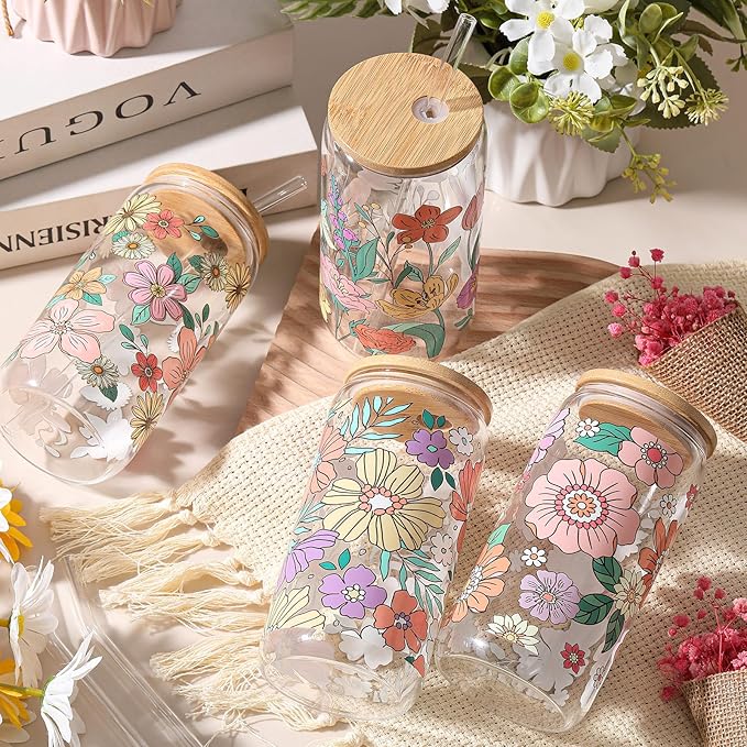 Mumufy 4 Pcs Gift for Women Bohemian Flower Cute Glass Cup Tumbler Boho Floral Iced Coffee Mugs 16 oz Glass with Bamboo Lid & Straw, Mothers Day Birthday Gift for Mom Sister Bridesmaid Baby Shower