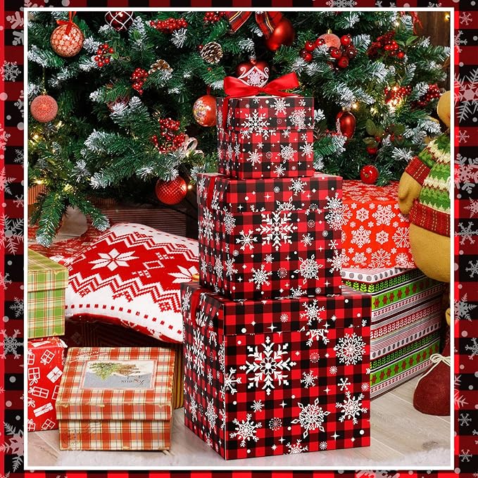 3 Pcs Christmas Nesting Gift Boxes Buffalo Plaid Xmas Stackable Boxes Black Red Decorative Xmas Nested Present Boxes with Lids and Ribbon for New Year Birthday Party Gift(Snowflake)