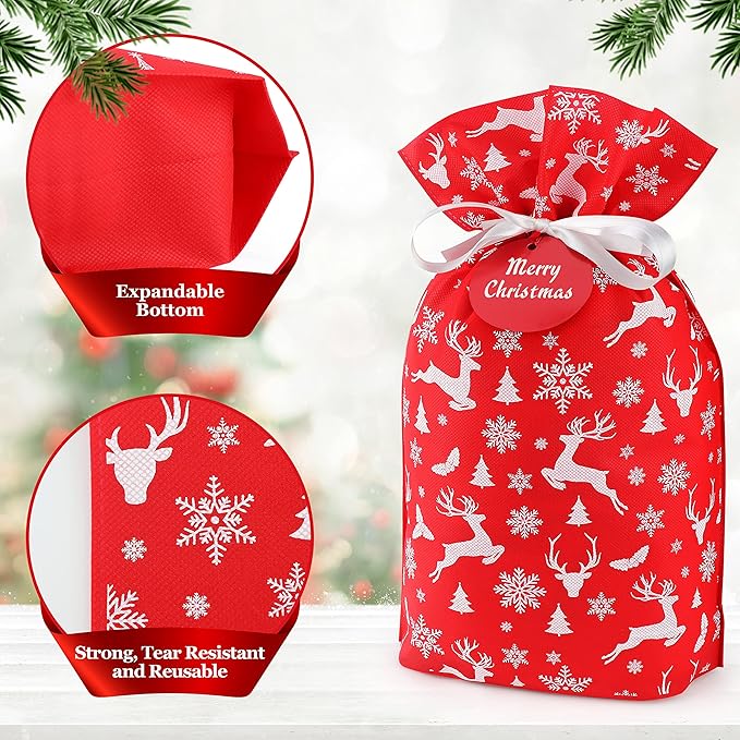 Fabric Gift Bags for Christmas Presents - 6 Pcs Holiday Bags with Drawstring, Large Christmas Gift Bags for Presents, Gift Wrap Reusable Bags for Gifts (Red Designs)
