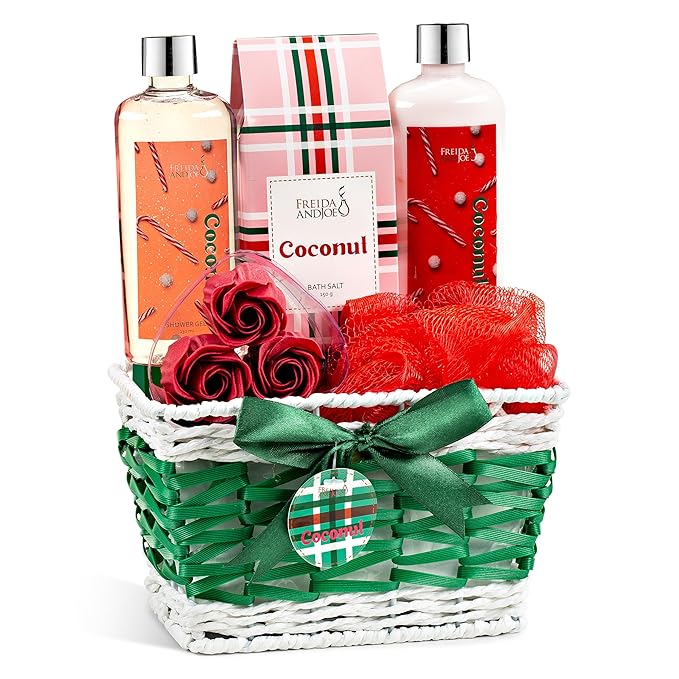 Coconut Spa Gift Basket, 6-Piece Bath & Body Set with Shower Gel, Body Lotion, Bath Salts, Soap Flowers, Bath Sponge in a Wicker Basket (Red & Green Set)