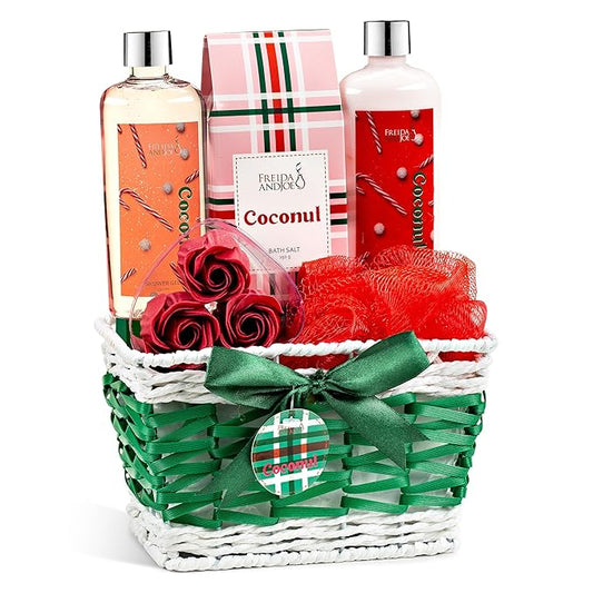 Coconut Spa Gift Basket, 6-Piece Bath & Body Set with Shower Gel, Body Lotion, Bath Salts, Soap Flowers, Bath Sponge in a Wicker Basket (Red & Green Set)