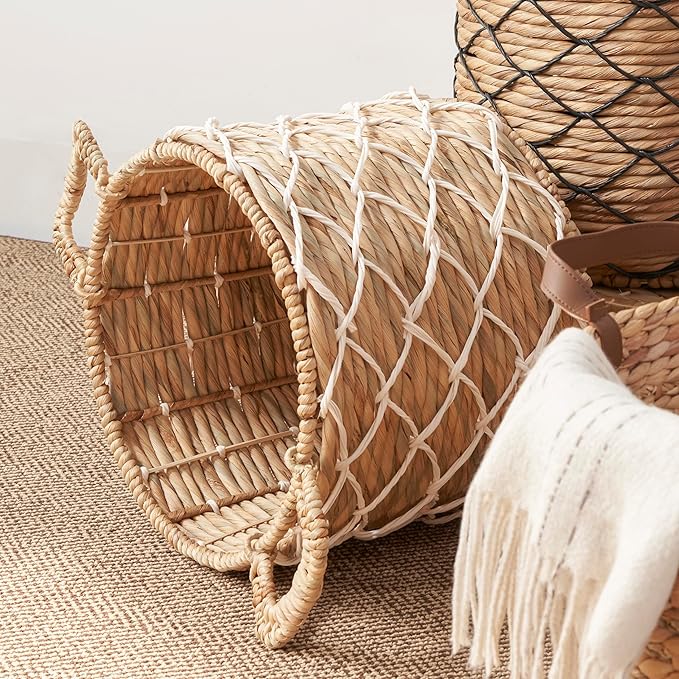 Round Water Hyacinth Woven Basket with Handles - 18" x 18" x 12.2" - Natural Brown - for Clothes, Towels, Canvas, Toys and Magazine Storage and Home Decoration